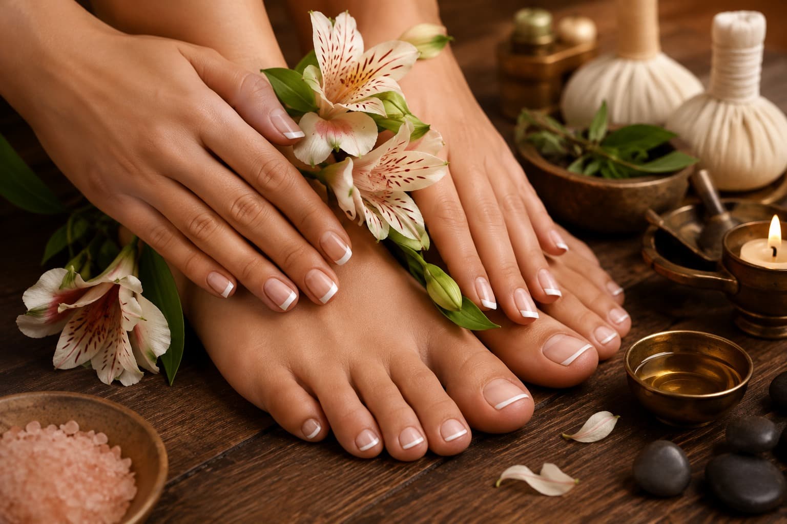 Feet dressed with fresh flowers beside a bowl of pink Himalayan salt and a herbal poultice