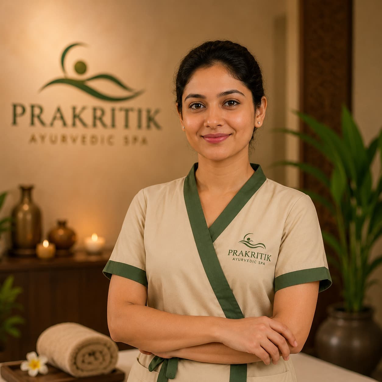 Anjana Shrestha in her Prakritik uniform, the spa's mark on the wall behind her