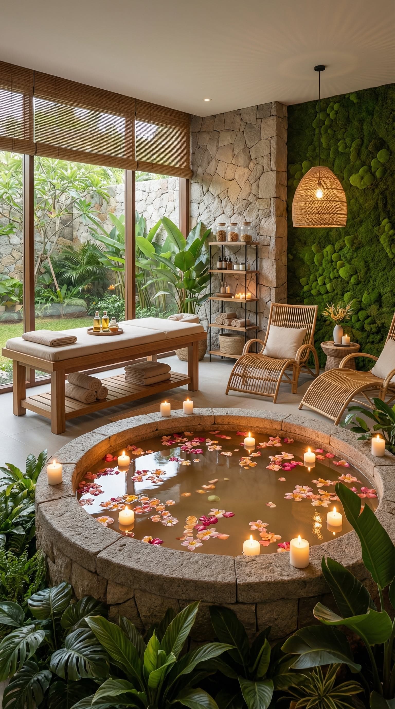 The garden treatment space — massage table, petal-strewn soaking bath and rattan loungers under a living moss wall