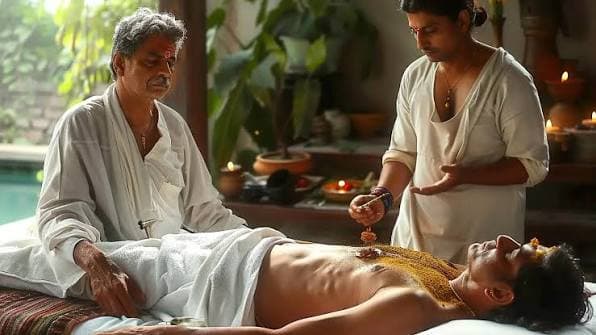 An Ayurvedic physician overseeing a treatment while a therapist works with warm herbal paste