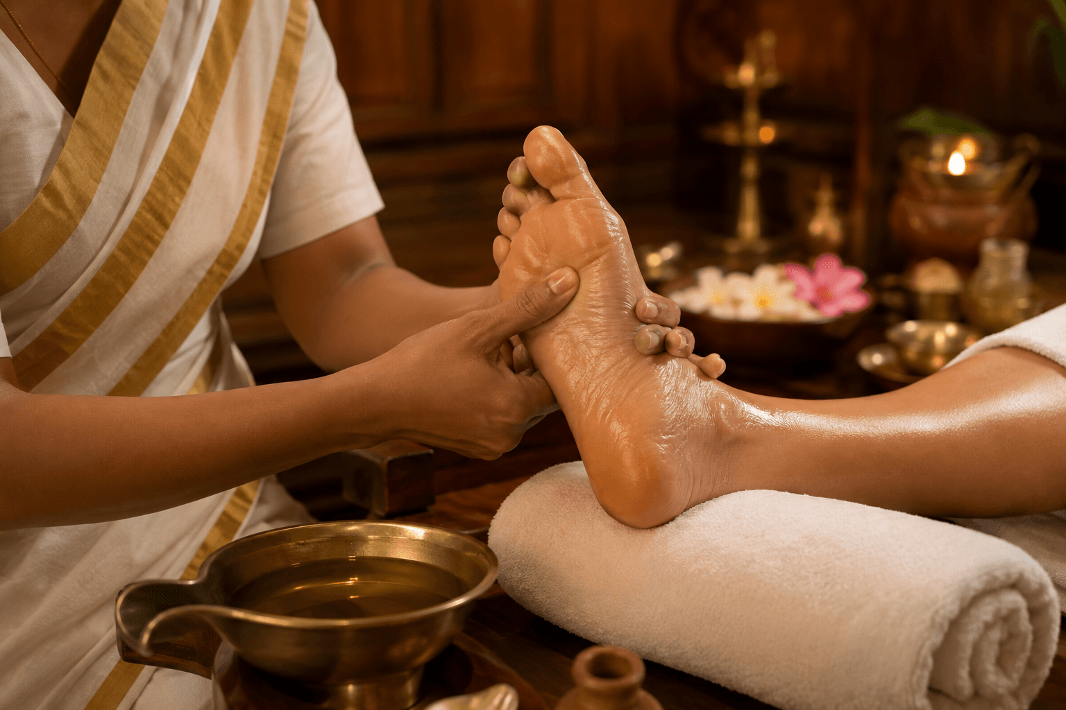 A therapist working the sole of a guest's foot above a brass vessel of warm oil