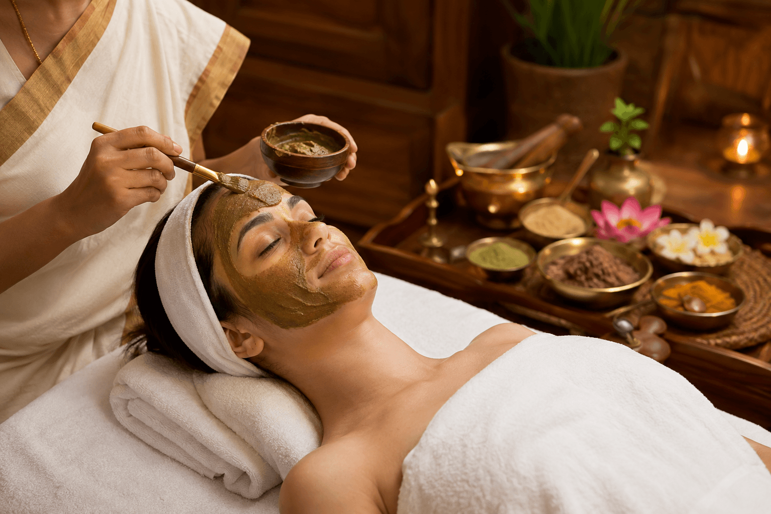 A therapist brushing herbal mukhalepam paste onto a guest's face, brass bowls of herb powders alongside