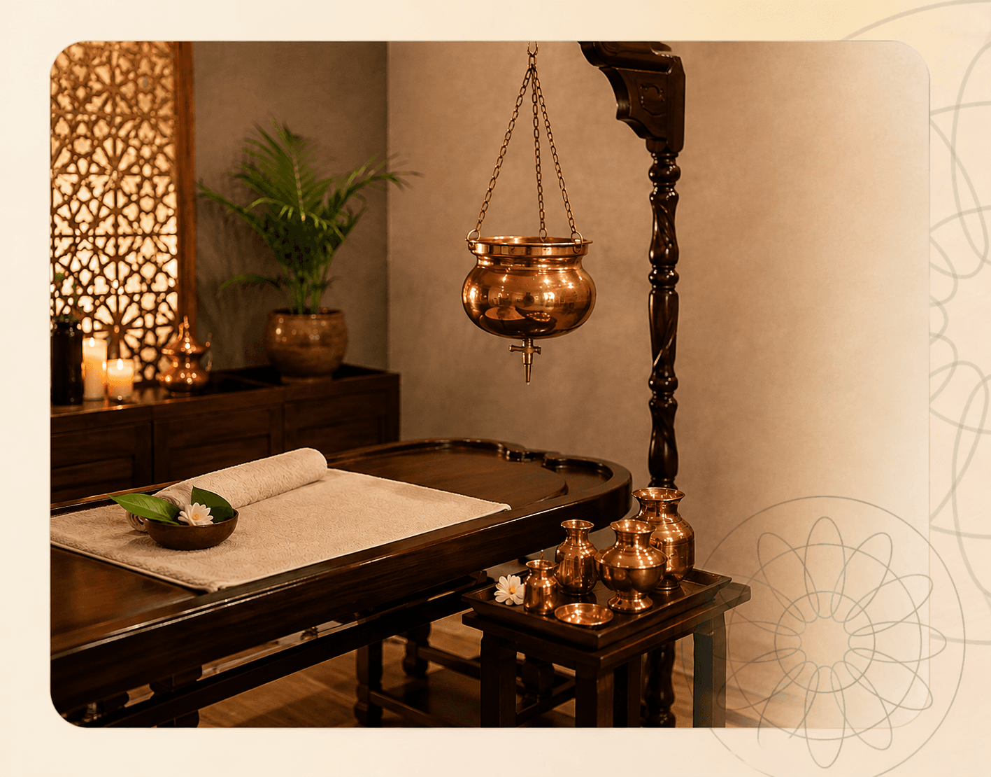 An Ayurvedic treatment room with a carved wooden Dhroni table, a hanging copper Shirodhara vessel and copper oil pots by candlelight