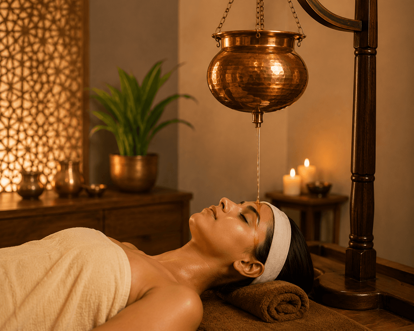 Shirodhara in progress — warm oil streaming from a hanging copper vessel onto a guest's forehead in a candlelit treatment room
