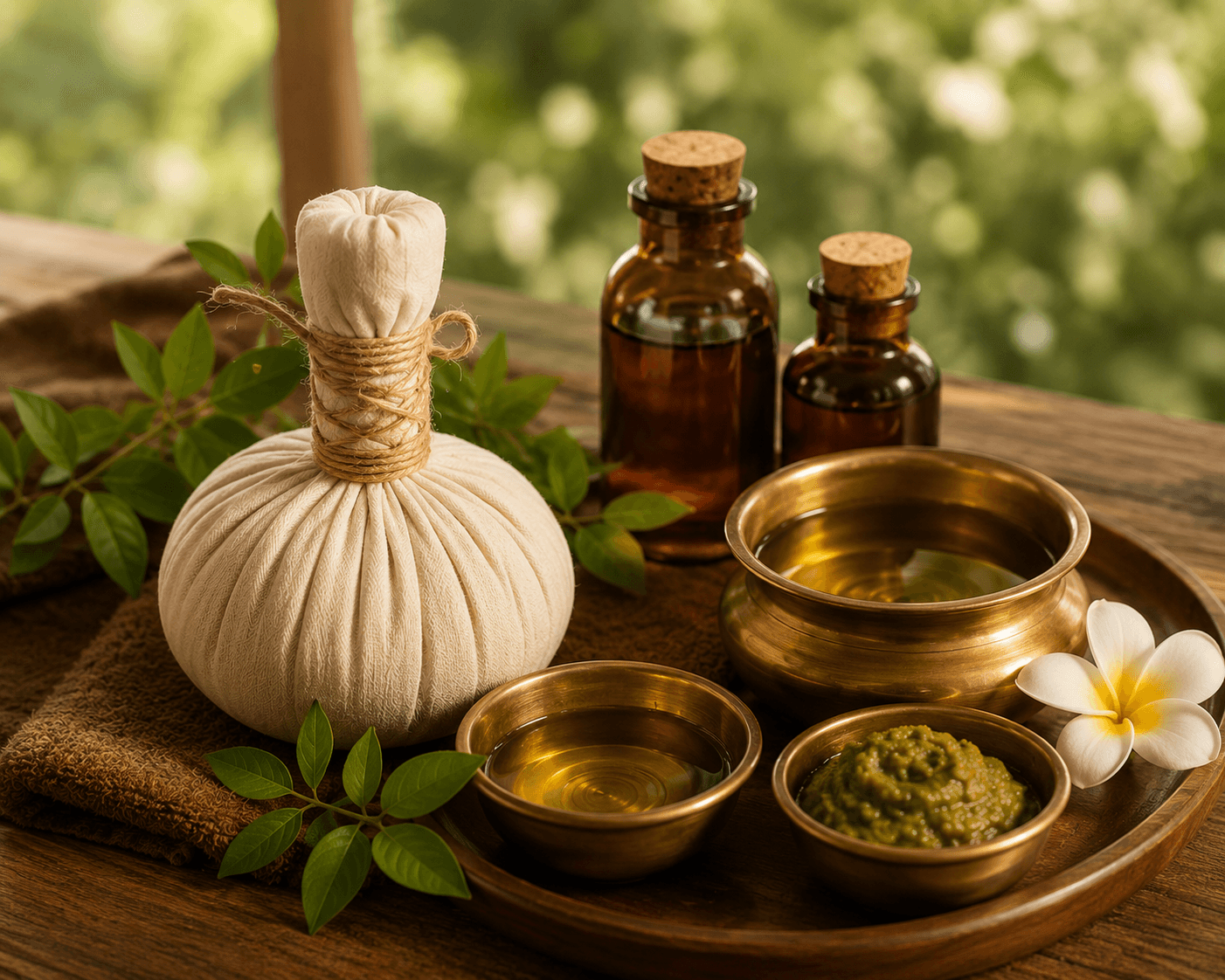 Herbal oils and poultices — a cloth kizhi bundle, amber oil bottles and brass bowls of oil and herbal paste on a wooden tray