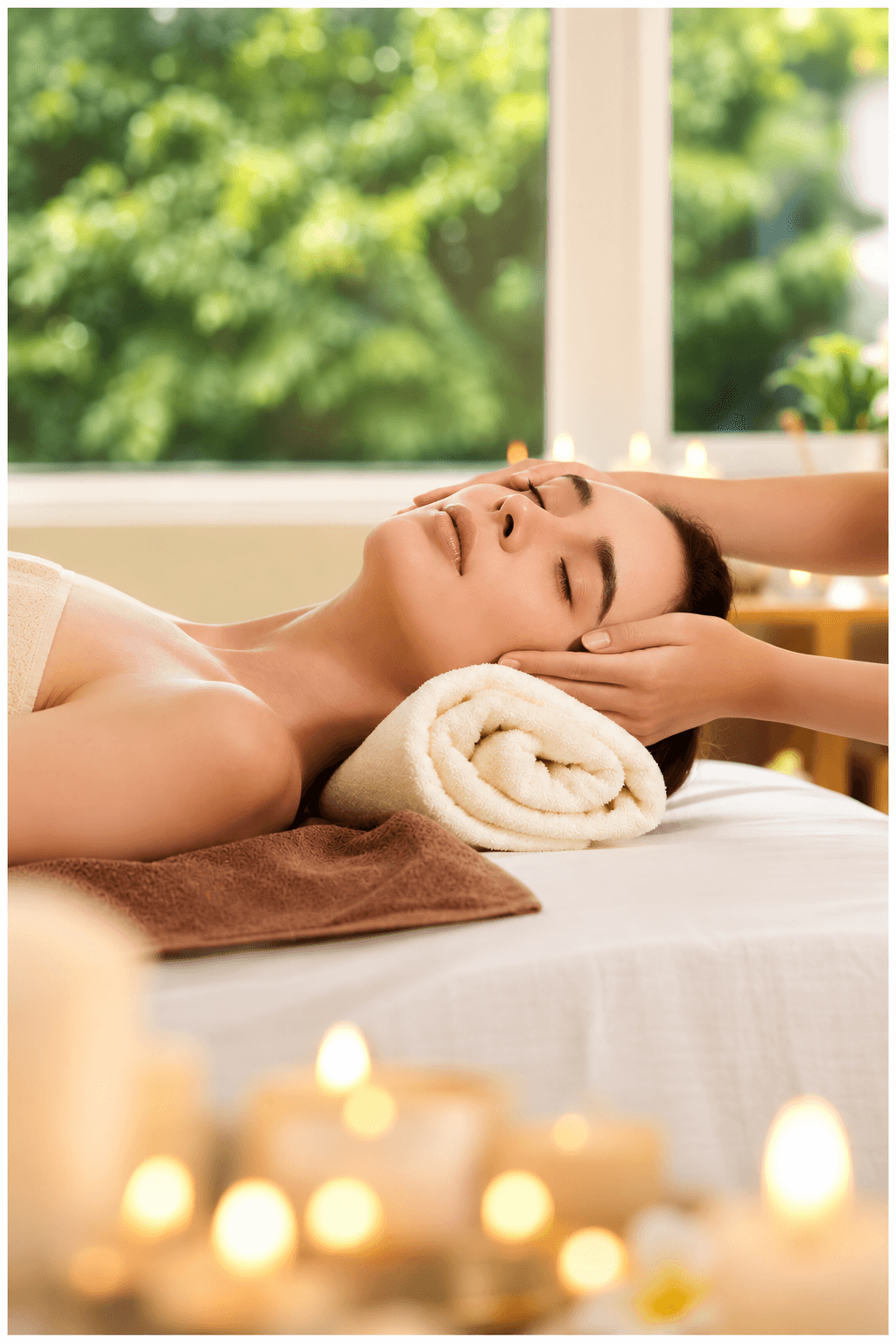 A guest lying on the treatment table receiving a head and face massage, with lit candles and a garden view through the window