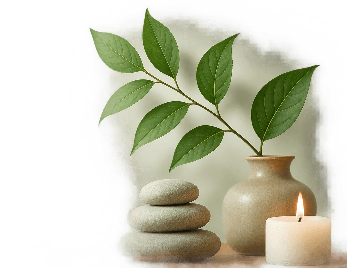 A stack of smooth massage stones beside a ceramic vase of green leaves and a lit candle